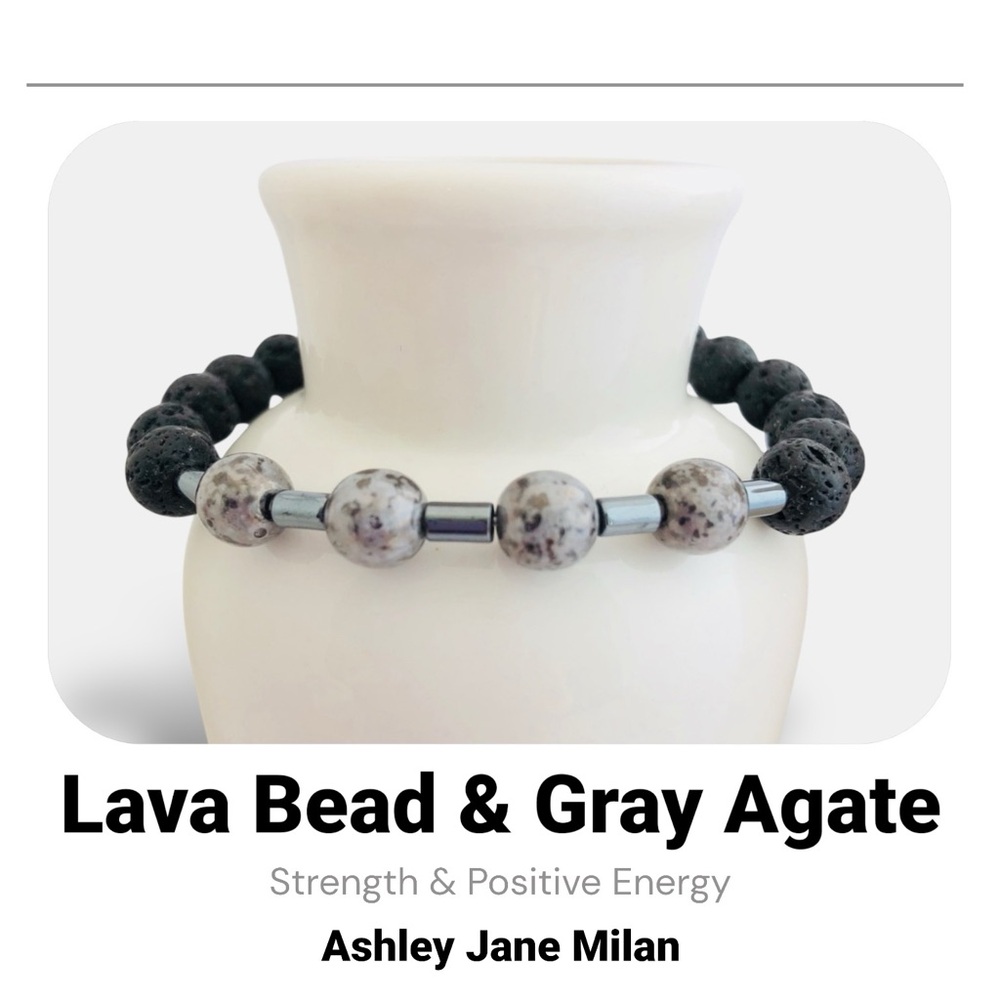 MENS | Lava Stone & Grey Agate Beaded Bracelet Gemstone